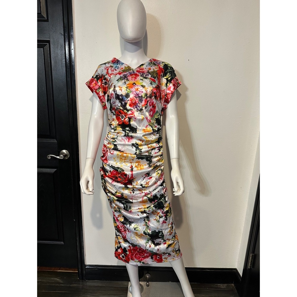 Stylewe Floral Ruched Midi Dress V-Neck Cap Sleeve Satin Sheath Multi Color